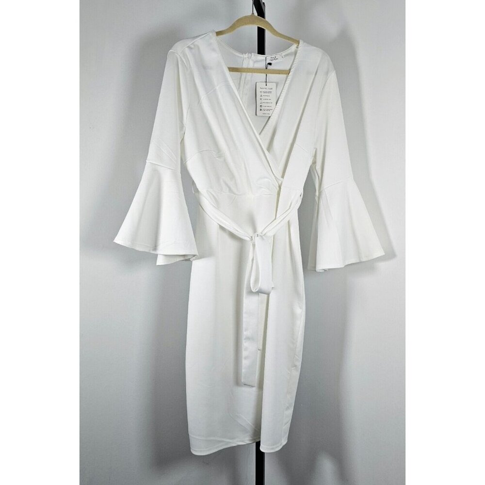Pinup Fashion Plus Size Faux Wrap V Neck Bell Sleeve Belted Dress - SZ 22